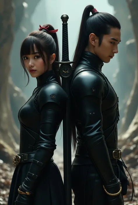  wears black armor {x} a watch with a dramatically unusual shape, a brown ponytail with a bow, and a beautiful young Asian woman with bangs wears black armor、A strong young man with long hair, dark hair and sharp eyes wearing a watch with an unusual shape ...