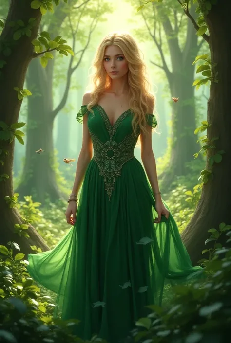 , Keeper of the Forest, white skin, blonde, blue eyes, green clothing, Short
