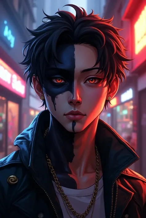  Male avatar designed with two opposing characters in one person ,  split faces—dark side , powerful and mysterious ;  bright and cheerful side .  Background is Vietnamese street style ,  with neon colors and graffiti ,  creating rap and trap music .  Phot...