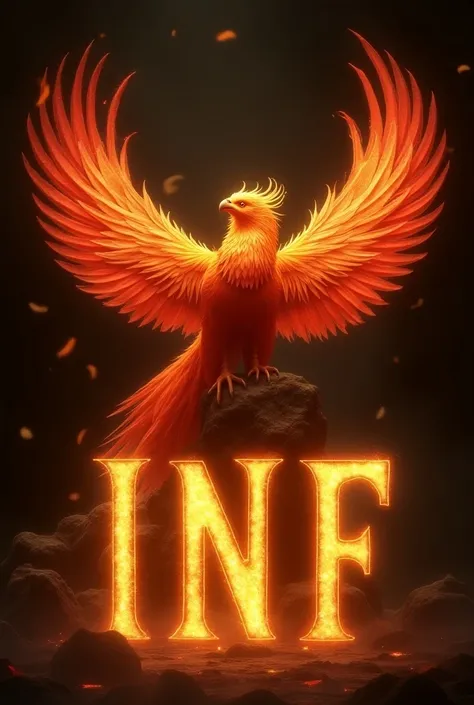  Phoenix with fiery aura sitting, letters that say "INF " Shining big in capital letter .  black background 