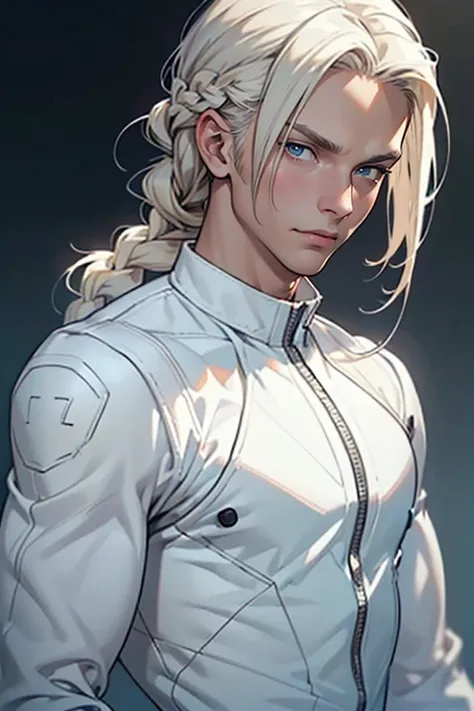 ((masterpiece)), (((best quality))), solo, 1 male, pale white skin, platinum blonde hair, (((shoulder-length hair))), ((straight flat hair)), side part, very handsome young man, ((single hair braid)), beautiful face, muscular, fit, (large defined pecs), (t...