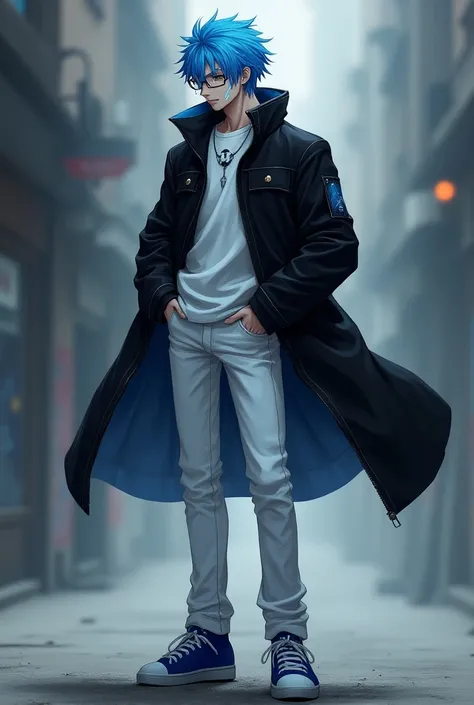 Hombre 
Blue hair
Black jacket over the white shirt that wears white pants and blue sneakers with glasses and sicatris reports lightning on the forehead
