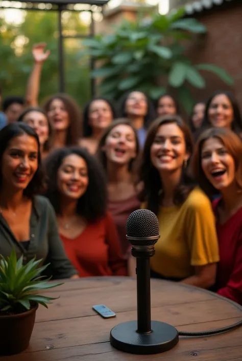 

“A microphone placed on a table, without a stand, set in an outdoor patio. In the background, a stage is visible with a brick wall behind it, while an audience of women  latinas is joyfully singing and enjoying the moment. The scene has a lively atmosphe...