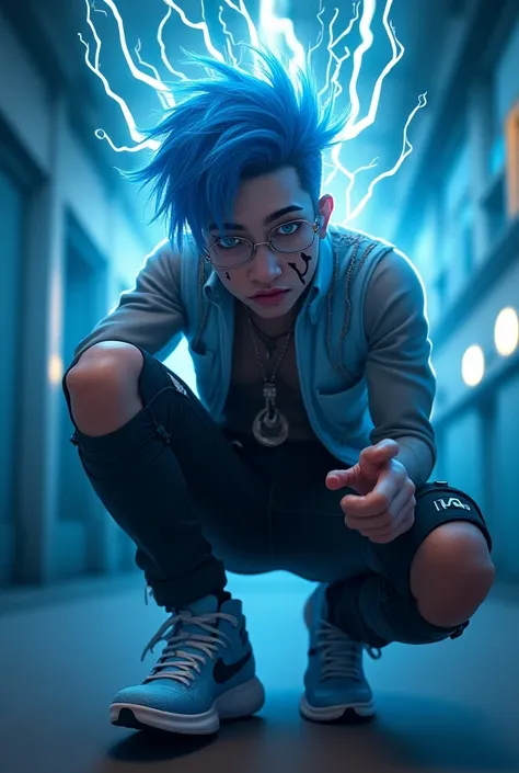 Hombre 
Blue hair blue sneakers with glasses and sicatris reports lightning on the forehead and that he is gay  

