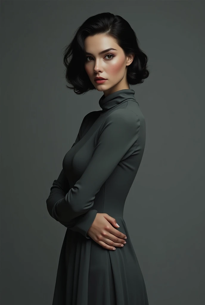 

"Create a realistic image of a beautiful woman standing, with dark, straight hair and dark eyes. She should be wearing a gray high-neck dress with realistic details. Her hands should be well-groomed and very realistic. The background should be gray, comp...