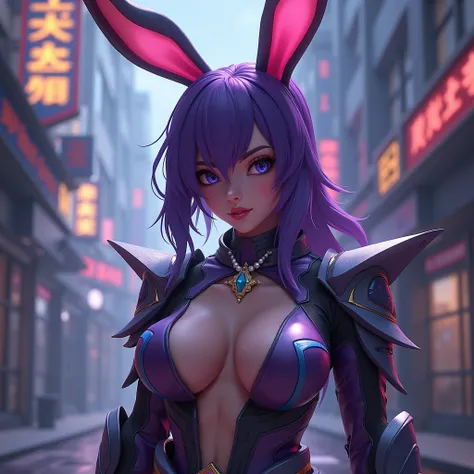 Bunny From The First Descendant game ,Solo Woman, gigantic Breasts, Purple hair, purple eyebrows. purple pubic hair , Dark Violet hair, Dark Ice Blue eyes , Pearl Neckless , Fancy Jewelry ,Wearing Io Armor from the paladins game, futuristic San Francisco ,...