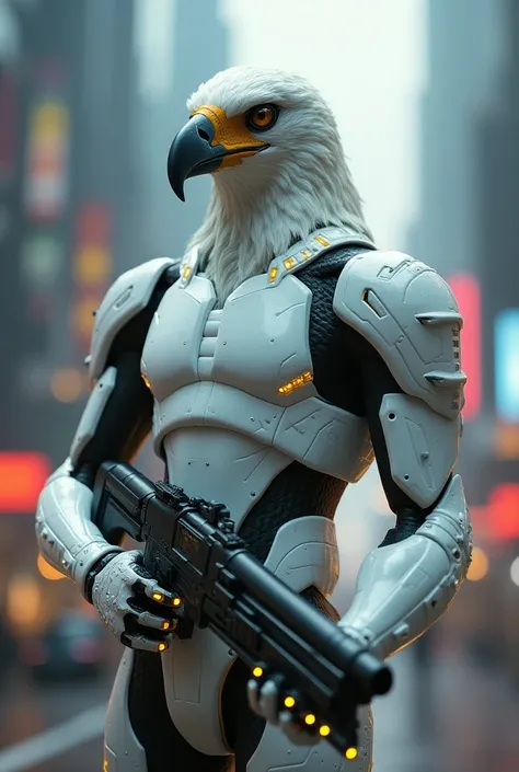 Human being with legs and head of a condor in white cyberpunk futuristic armor holding a futuristic machine gun.  blurred background in cyberpunk style 