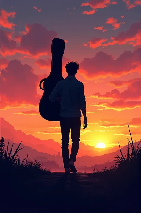  Silhouette of a man walking at sunset, with a guitar on his back .