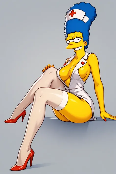 Marge Simpson very beautiful smiling with a super sexy body ((big breasts)) blue hair, with a nurse in a sexy uniform, consisting of a short white dress with red details and a plunging neckline. She wears white thigh-high stockings, red heels and a classic...