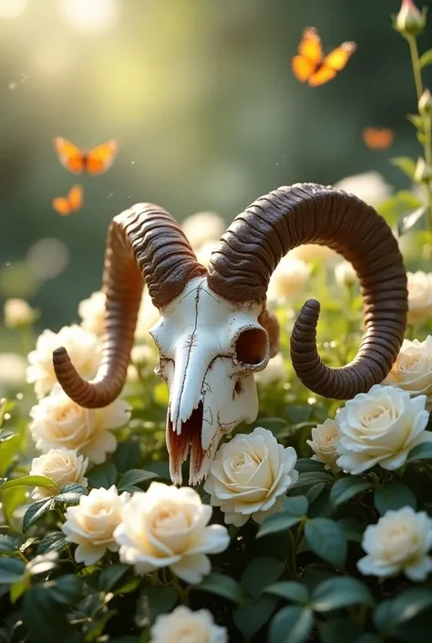 white roses (detailed ram skull in the smallest details), sunny garden scene, butterflies flying in the air. 4k scene, play of light, high quality, fullHD, 8k.