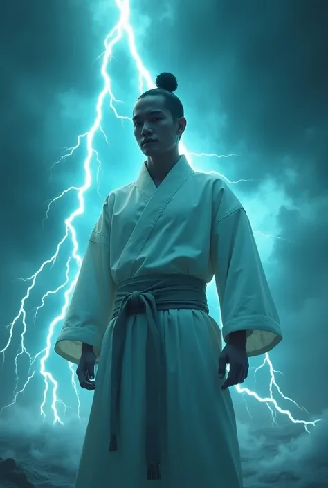 (photorealism:1.2), filipino man with Shaolin monk uniform, with light cyan glow around him, banding light cyan lightning and dark thunder clouds in the sky