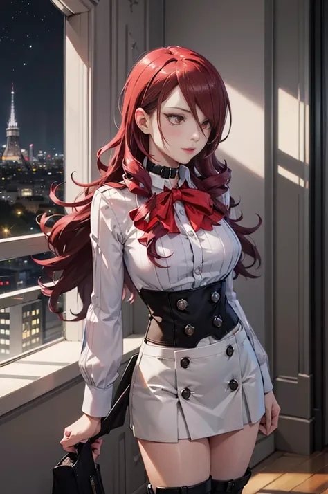   The best quality , ( masterpiece :1.3),  Cinematic lighting , ultra-detail, (highres:1.1), mitsuru kirijou, standing, front view,  looking at the spectator, long dark red hair, ( hair covering a right eye ),  detailed eyes , red eyes,  Big breasts, choke...