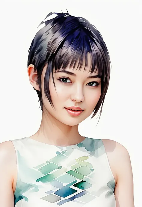 Short-haired pixie modern art, Minimalism, contemporary elegance, dreamcore, elegant fashion , fusion of watercolor and digital illustration, clean colors, minimalist and vibrant,kodew
