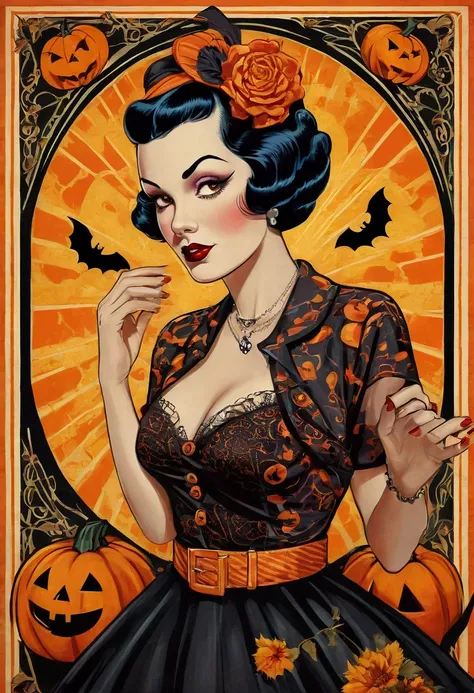 The image features depiction of a woman wearing a unique garment. The artwork is animated, showcasing her human face and is likely themed around Halloween, reflecting elements typical of fictional characters. Additionally, it emphasizes a playful and artis...