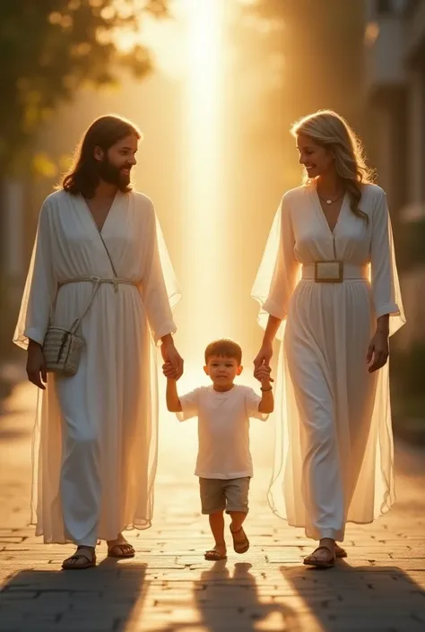 "A woman and her young son are walking towards the viewer down a calm street, facing forward. The mother holds her sons hand lovingly. On the boys other side, Jesucristo stands, slightly transparent with a radiant ray of light surrounding Him, holding the ...