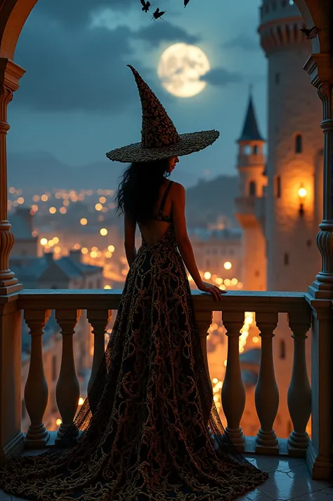 Have a Halloween party at an old castle,A Filipina beautiful woman in her 30s  in a witch costume is standing on the balcony. The woman is looking out,You can see the lights of the castle town at night and the beautiful night sky from the balcony.,The danc...