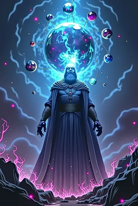 Dark fantasy, wizard with a floating crystal ball for a head, surrounded by zodiac signs, blue, purple, and pink color pallette 