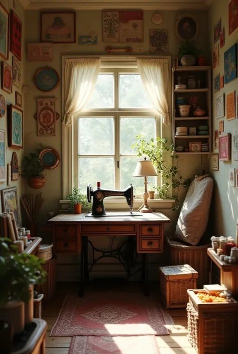 vintage sewing room with threads on wall