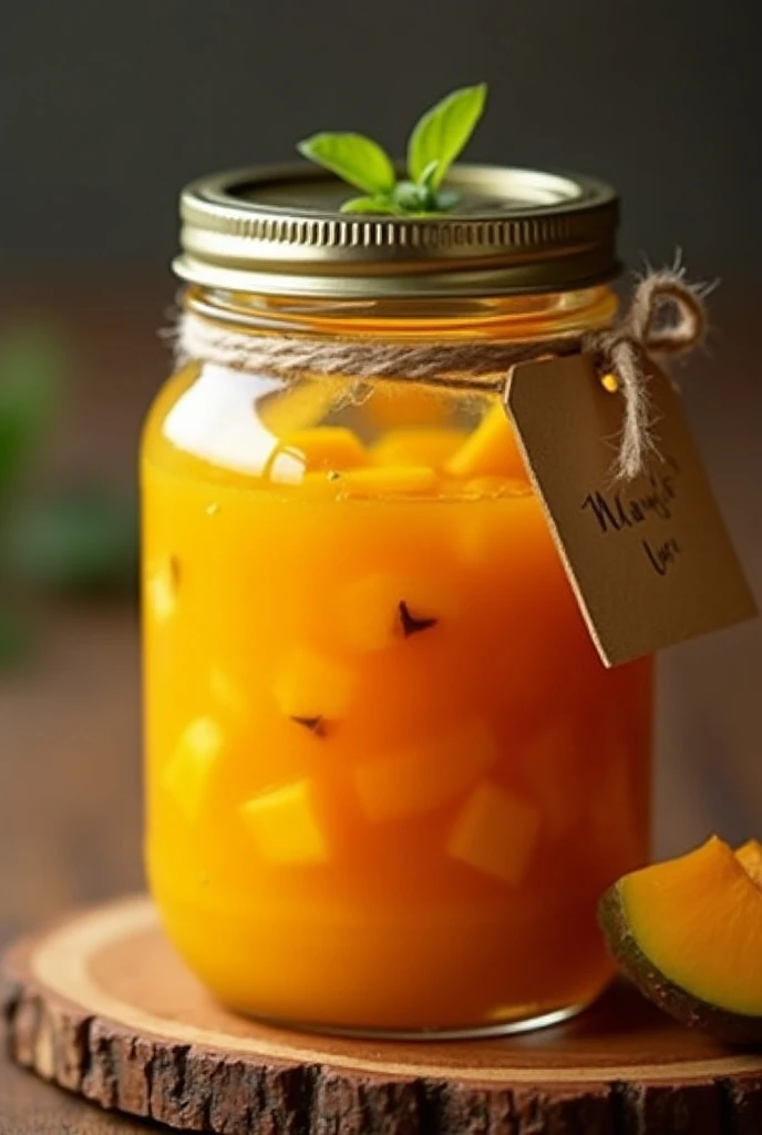 Create mango preserve in a glass jar 