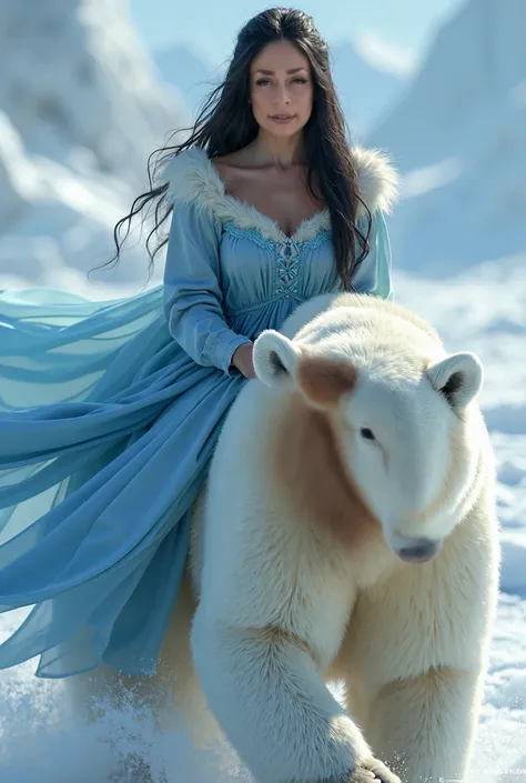 woman, long black straight hair, blue furry dress with white edges, riding a polar bear, looking at the camera, photorealistic