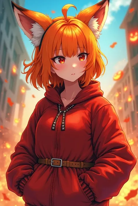  Teenage anime girl with bulky body with fox ears orange hair and ears too, Wearing a red Halloween costume