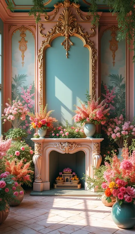 realistic photography of a colorful studio with flower walling with colorful flowers in vases, extremely detailed interior below with a mantle with baroque style wall backdrop, stunning Arcanum backdrop, ornate backdrop, floral painted backdrop, colorful f...