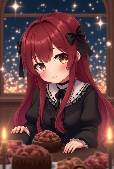 Chocola Aikawa with smiling. Has a straight-long reddish brown hair with the hime-cut model and a pair of beautiful brown eyes. She always wear gothic loli-styled clothes with some dark or brown boots.  with sweets showcase Chocolates sparkle Night magazin...