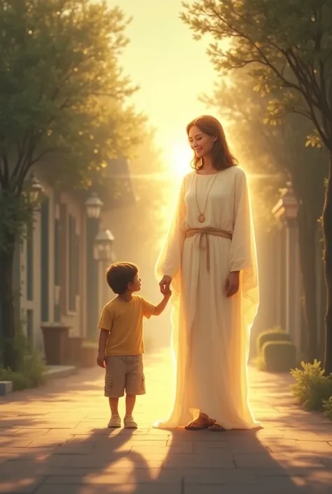 "A woman and her young son are walking down a calm street, both facing forward. The mother lovingly holds her sons hand. On the boys other side, Jesucristo stands, slightly transparent, with a radiant ray of light surrounding Him, holding the s other hand....