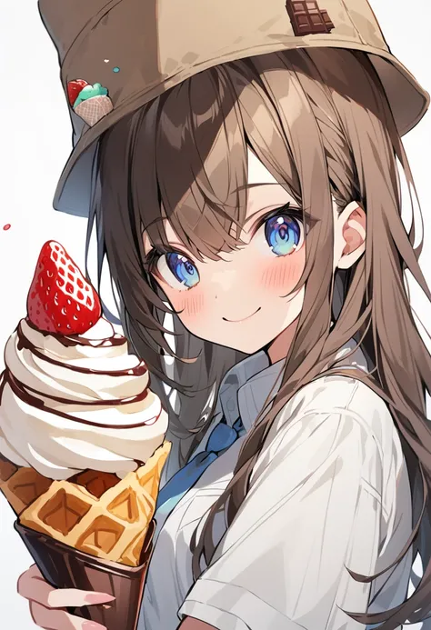 1girl,bangs,brown_hair,long_hair,solo,blue_eyes,blush,hat,simple_background,white_background,eyebrows_visible_through_hair,smile,looking_at_viewer,food,hair_between_eyes,shirt,upper_body,portrait,white_shirt,collared_shirt,brown_headwear,closed_mouth,food-...