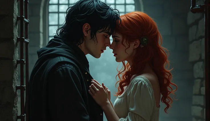 Fantasy scene ,  the cell of a dark dungeon .  Rosalie with red hair ,  Kai with black hair .  About 24 years old. 

 Rosalie took off Kais bracelet ,  letting him recover his magic slowly ,  he smiled at her as she caressed her cheek . 

——Milady ,  I kne...