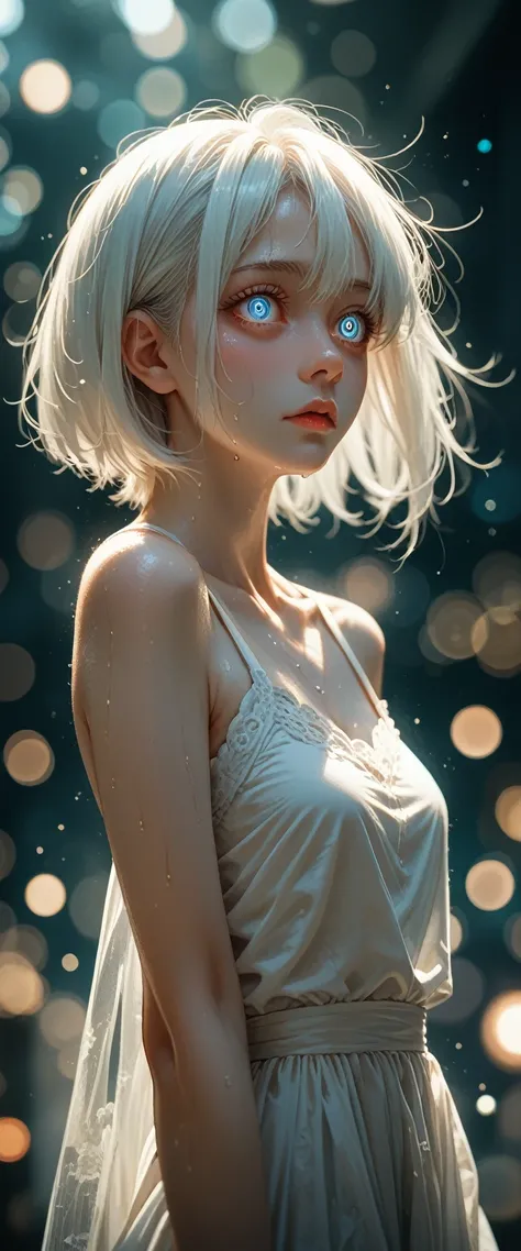 1 girl, (alone:1.2), ((masterpiece)), Slim, , pale skin, ((delicate eyes)), (bokeh effect), sweating, (dynamic angle)，jump, white hair, short hair, bare shoulders，Lilu&#39;s collarbone, armpit, (External), shy, blue eyes shy and Blushing cute young teen , ...