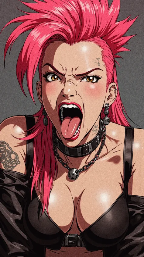 young japanese woman with an extravagant pink Mohawk, bratty, sticking out tongue, punk rock, extremely realistic, muted colors, soft lighting, 8k, hi-res, small breasts, cleavage, 
