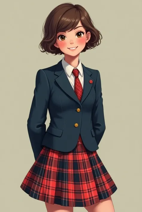 Girl wearing a red and blue kilt,  blue bleizer and blue and red tie