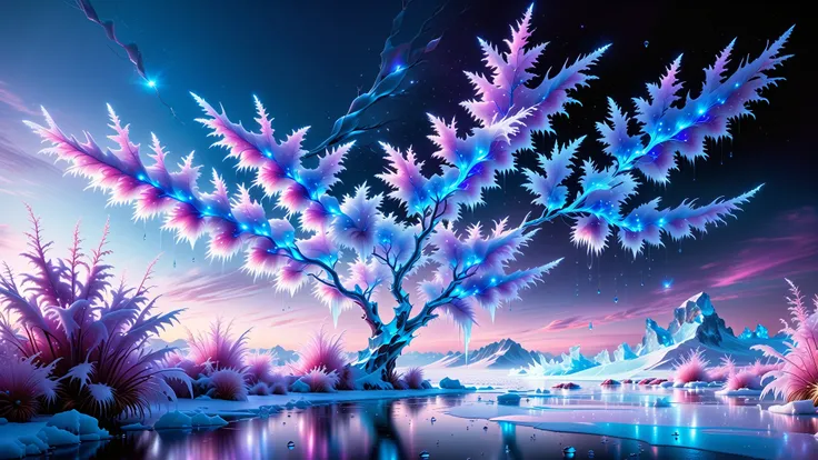 A Masterpiece In 32K Resolution, Supreme Quality, Super Detail, Official Art, Very High-Resolution 32K Wallpaper, Beautiful And Aesthetic, Ultra-Detailed Features, Awe-Inspiring Detail. Towering Bioluminescent Trees Stretch Into A Purple Sky, Their Branche...