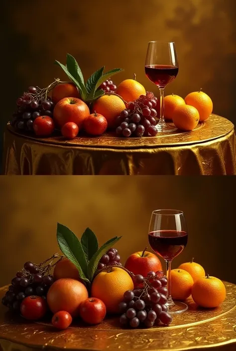 Two images that complement each other with fruit and wine on a golden table
