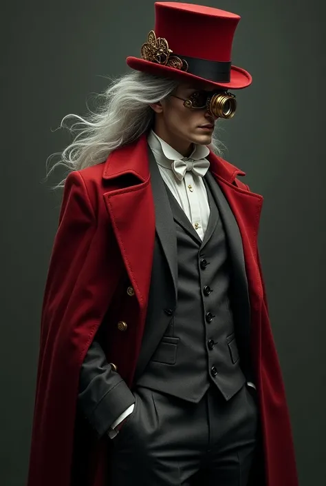 silver hair man with golden coloured eyes,  the latter being covered by a monocle filled with gears. He also wears a grey Victorian Era formal suit with a white shirt underneath and a blood red steampunk top hat. He also wears blood red trousers, a blood r...