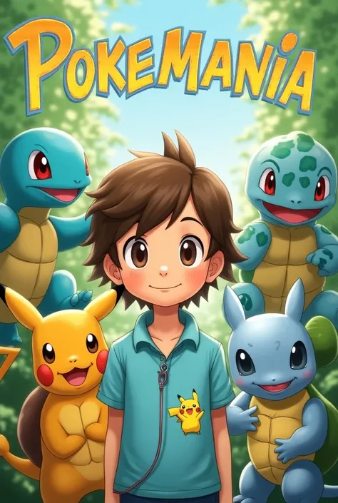  he creates a book cover with a boy in the middle of brown hair ,  large oval brown eyes ,  Small nose,  his clothes are a pastel blue polo with a pikachu as a print ,  he wears a short lead and around him there are Pokemons. Give him the title Pokemania 