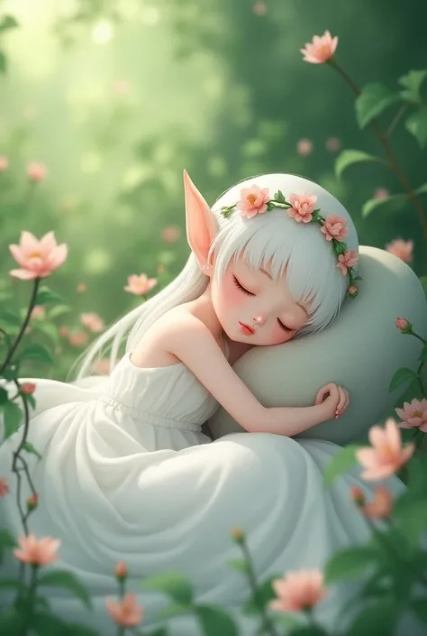 A beautiful elf girl with white dress and wear a beautiful flower hairband and she is looking like a anime elf girl and she was sleeping with a anime character xiao yan