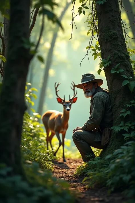 The hunter carefully set his trap and hid behind a tree, hoping that soon, one of the animals would get caught in it. Meanwhile, the deer was happily prancing through the jungle, unaware of the looming danger.