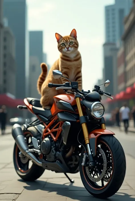 A cat sitting on a motorbike 