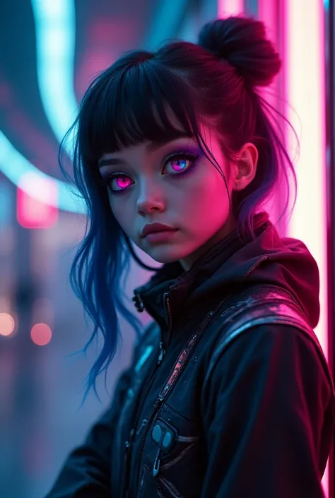 GENDER:  Androgen or gender fluid ,  to be inclusive and connect with all audiences .

Visual Style:  Neon colors and metallic details with futuristic touches . Lun4 has soft traits , Big, expressive eyes ( may change color depending on the mood or theme o...