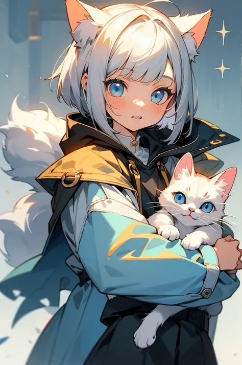 （（amazing background 1 .5））((Best quality 1.2))、((Masterpiece 1.2))、Watercolor、((Fashionable clothes))、(( lets take a cute cat 1.5))、girl、 Bob Cut 、Gray Hair、Blue Eyes、Cat ear hood、 hoodie、 with sparkling eyes, Double teeth,  naughty face ,  put a white ca...