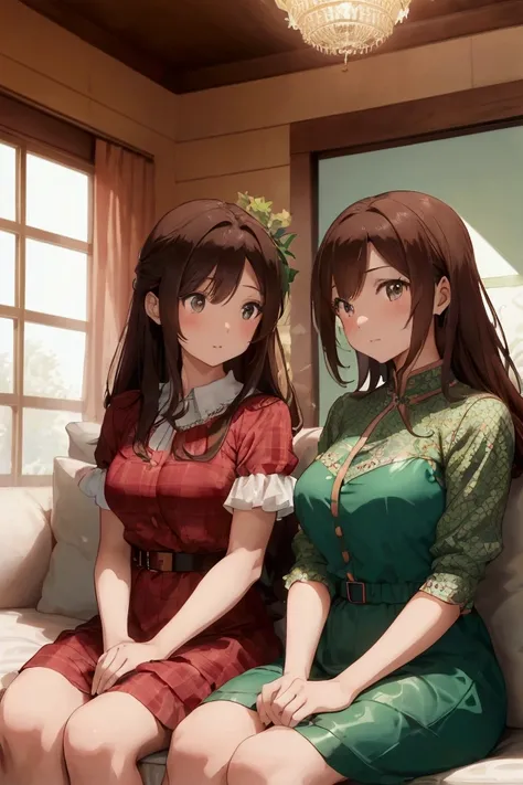 create an idyllic image of three beautiful women in realistic anime style, they are: a beautiful elegant Asian lady with brown hair gathered in a bun, dressed in a short red checkered dress, is sitting on a luxurious leather sofa, in a luxurious living roo...