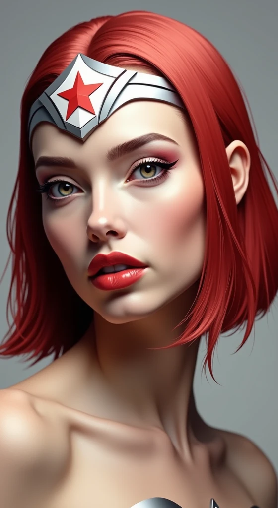 A beautiful woman with long black hair under the mantle of the Amazon warrior Wonder Woman headband in black/silver metal with a red star on her forehead. 