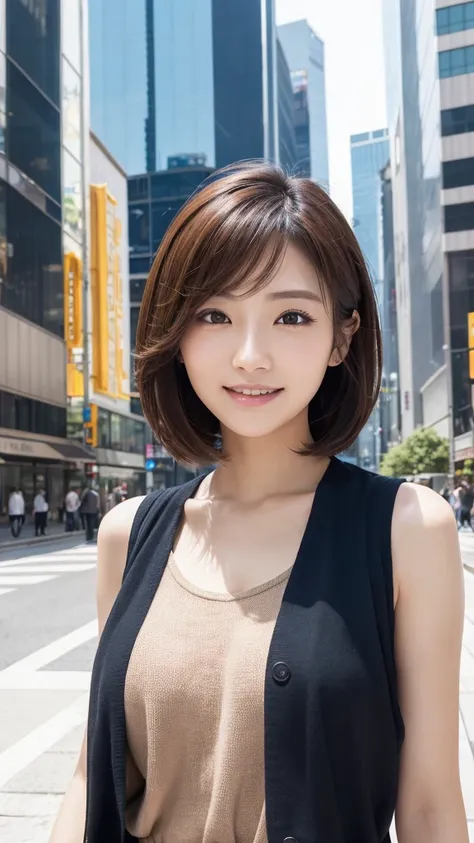 highest quality、genuine、Super detailed、finely、High resolution、8k wallpaper、one beautiful japanese woman Walking  Under the skyscraper、light brown short hair、sharp focus、perfect dynamic composition、beautiful and detailed eyes、thin hair、Detailed genuine skin...