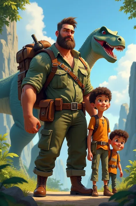 an adult man,  muscular adventurer in military clothing , backpack on the back, to your left,  a young boy and on the right side a taller girl. A dinosaur behind them . Pixar art/Disney