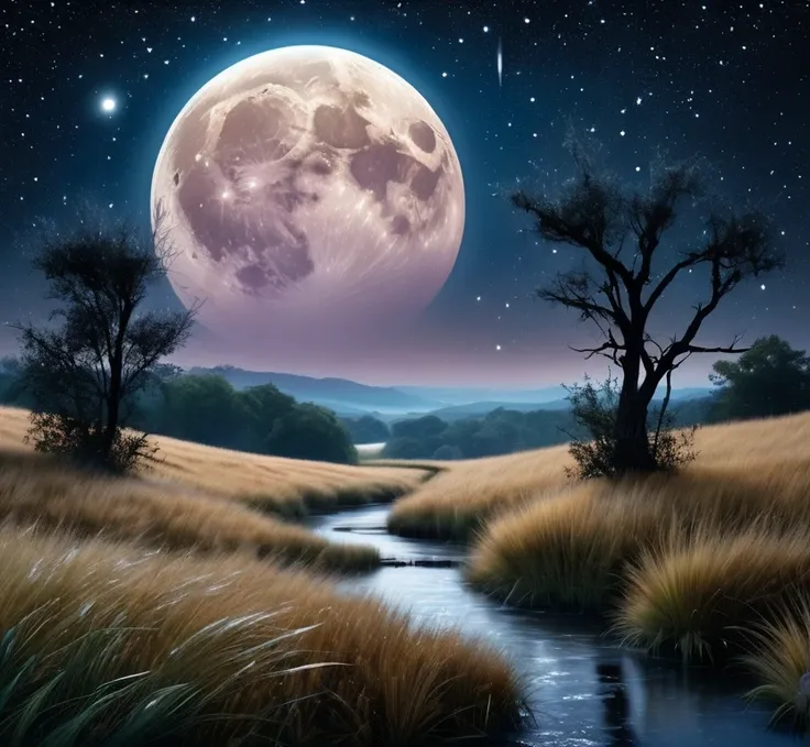 mysterious fantastical landscape, (((1pink moon))), picturesque landscape, starry sky fantasy, crisp clear photo, hyperrealism, ...