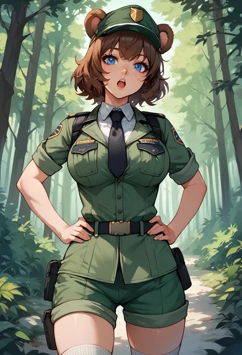 score_9_up, score_8_up, score_7_up, 1girl, solo, source_anime, hourglass figure, Big breasts, kemonomimi, bear ears, brown hair, short hair, messy_hair, blue eyes BREAK freckles, forest ranger uniform, green uniform, green shorts, green cap, black necktie,...