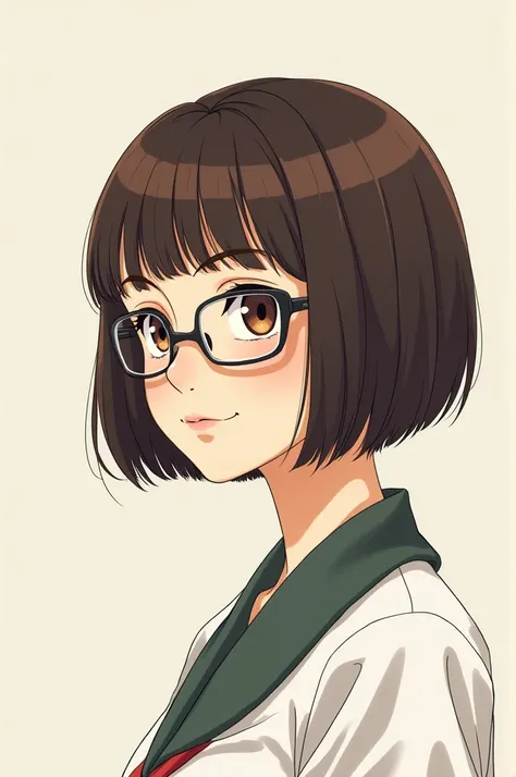 Generate a manga character who is a ,  brunette woman with short hair and with thin glasses 