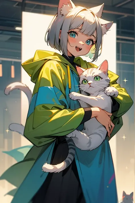 （（amazing background 1 .5））((Best quality 1.2))、((Masterpiece 1.2))、Watercolor、((Fashionable clothes))、(( lets take a cute cat 1.5))、girl、 Bob Cut 、Gray Hair、Blue Eyes、Cat ear hood、Yellow-green hoodie 、 with sparkling eyes, Double teeth, Laugh mischievousl...